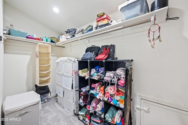 spacious closet featuring light colored carpet