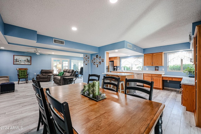 dining area with plenty of natural light, a textured ceiling, and light wood-type flooring