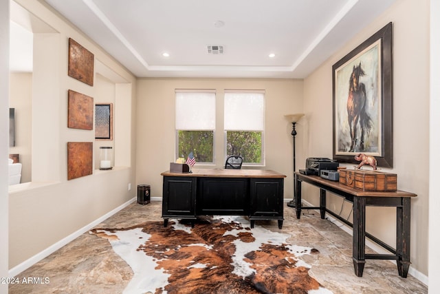 office with a tray ceiling