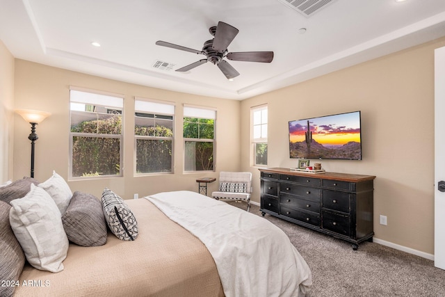 bedroom featuring carpet, ceiling fan, and a raised ceiling