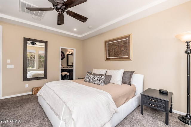 bedroom with ceiling fan and carpet floors