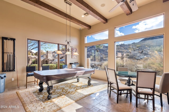 playroom with a mountain view, beam ceiling, a towering ceiling, and billiards