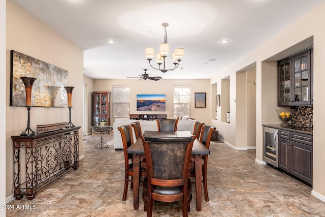 dining room featuring ceiling fan and wine cooler