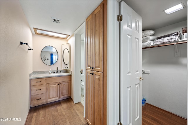 bathroom featuring vanity, toilet, and hardwood / wood-style flooring