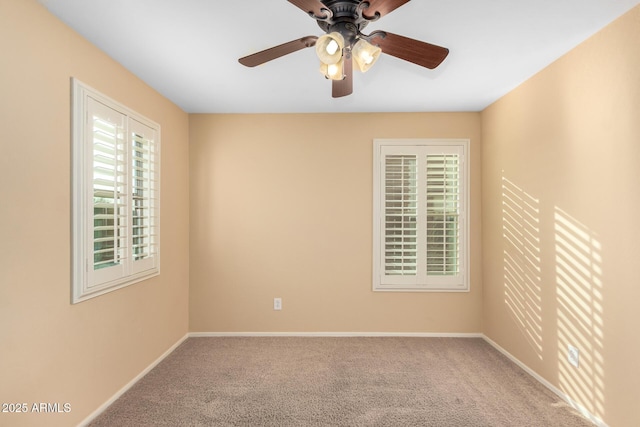 unfurnished room featuring ceiling fan and carpet flooring