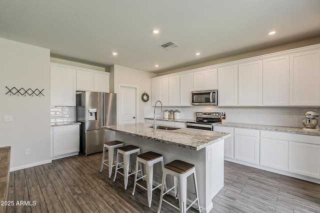 kitchen featuring dark wood finished floors, visible vents, a sink, tasteful backsplash, and appliances with stainless steel finishes