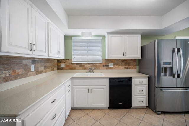 kitchen featuring decorative backsplash, white cabinets, black dishwasher, stainless steel fridge with ice dispenser, and sink