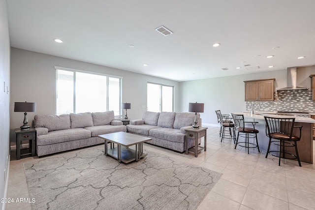 living room featuring light tile patterned floors