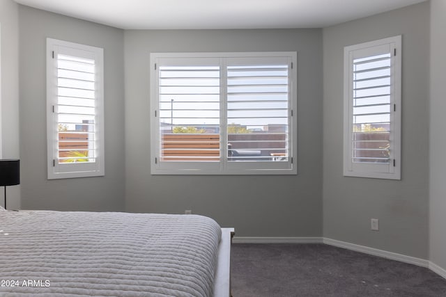 bedroom with dark colored carpet