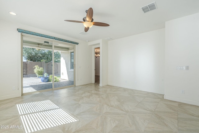 empty room featuring ceiling fan, baseboards, and recessed lighting