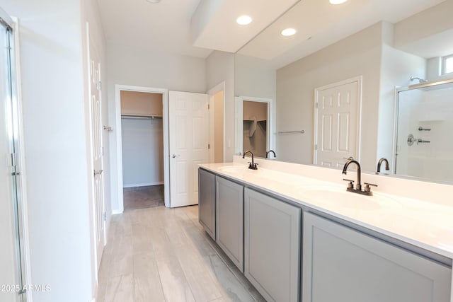 full bath featuring a sink, a shower with shower door, double vanity, and a spacious closet