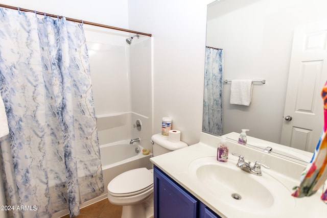 full bathroom with shower / bathtub combination with curtain, toilet, tile floors, and vanity