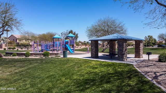 view of jungle gym featuring a gazebo and a lawn