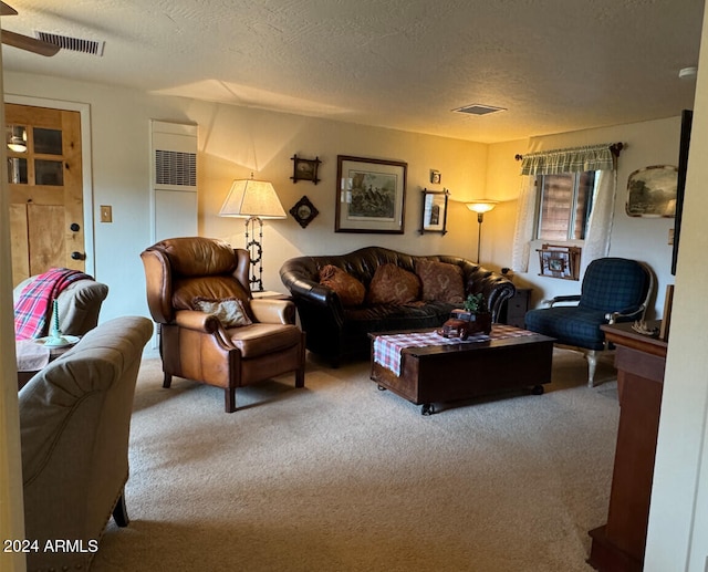 carpeted living room featuring a textured ceiling