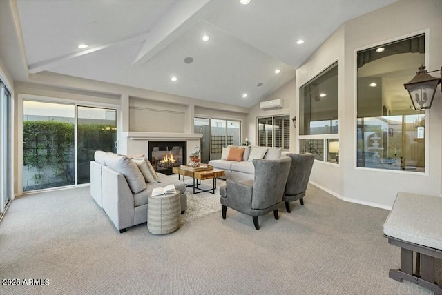 living room featuring a wall mounted air conditioner, light carpet, and vaulted ceiling with beams