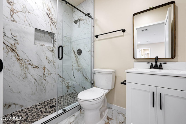 full bath with a marble finish shower, visible vents, toilet, and marble finish floor