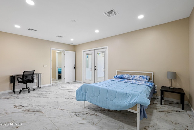 bedroom featuring recessed lighting, visible vents, marble finish floor, and baseboards