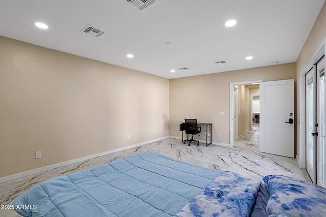 bedroom featuring visible vents, recessed lighting, and marble finish floor