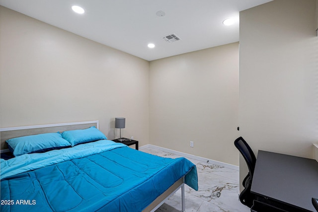 bedroom featuring marble finish floor, baseboards, visible vents, and recessed lighting