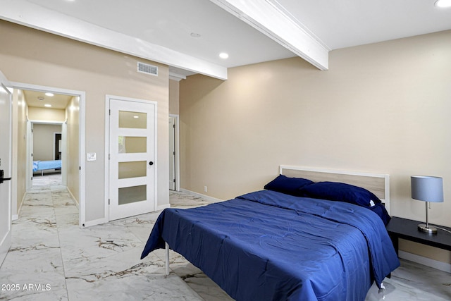 bedroom with visible vents, baseboards, beamed ceiling, recessed lighting, and marble finish floor