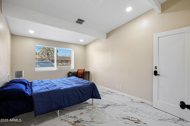 bedroom featuring baseboards, recessed lighting, visible vents, marble finish floor, and vaulted ceiling with beams