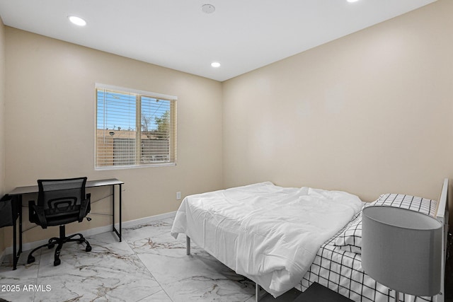bedroom with baseboards, recessed lighting, and marble finish floor