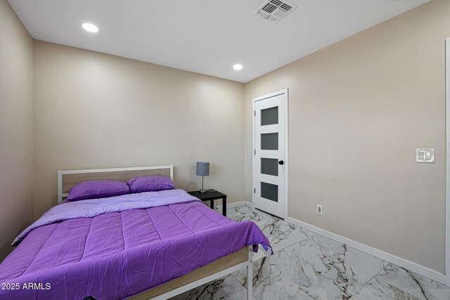 bedroom with marble finish floor, baseboards, visible vents, and recessed lighting