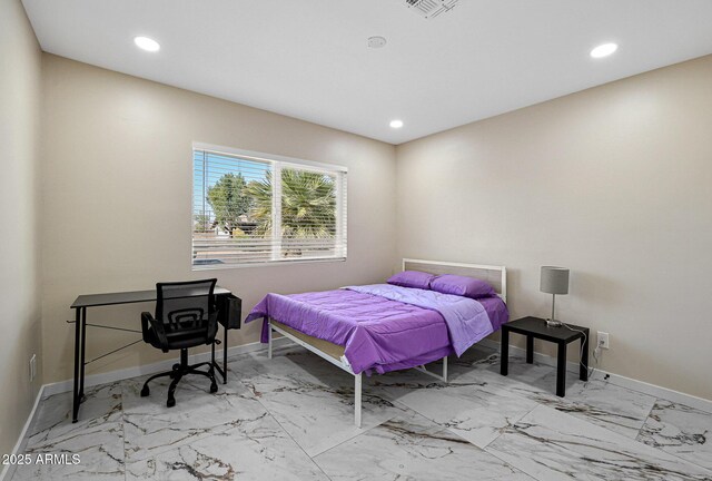 bedroom featuring marble finish floor, baseboards, and recessed lighting