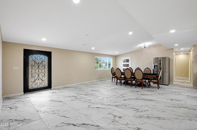 dining room featuring baseboards, recessed lighting, and marble finish floor