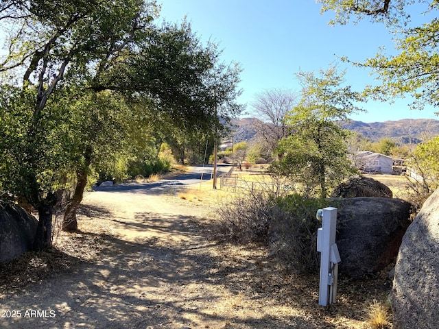 view of road with a mountain view and driveway