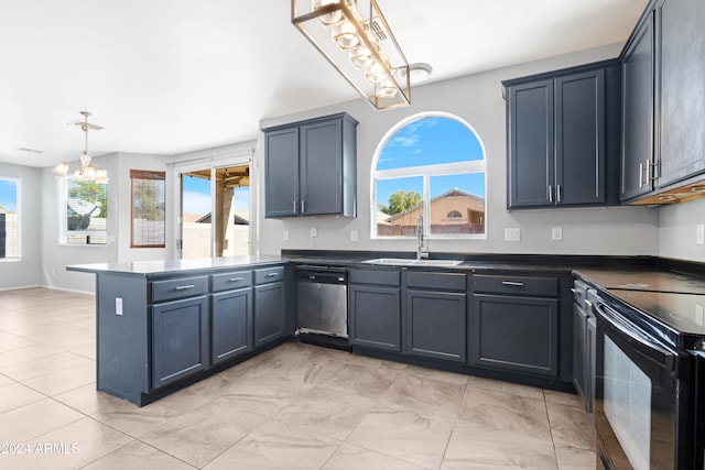 kitchen with kitchen peninsula, black / electric stove, sink, stainless steel dishwasher, and pendant lighting