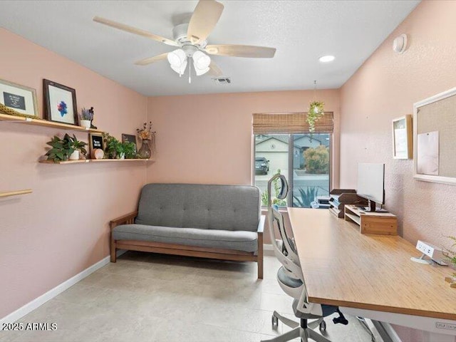 office space with a ceiling fan, baseboards, visible vents, and recessed lighting