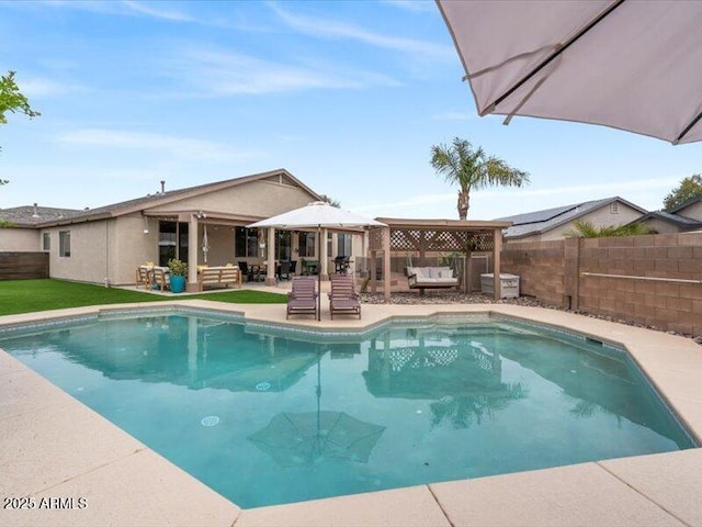 view of pool with an outdoor living space, a gazebo, a fenced in pool, a fenced backyard, and a patio