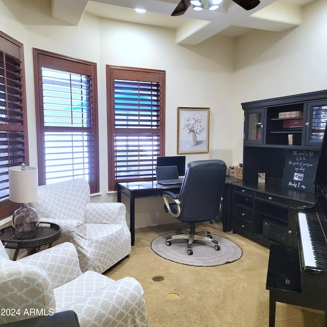 office area featuring ceiling fan and carpet flooring