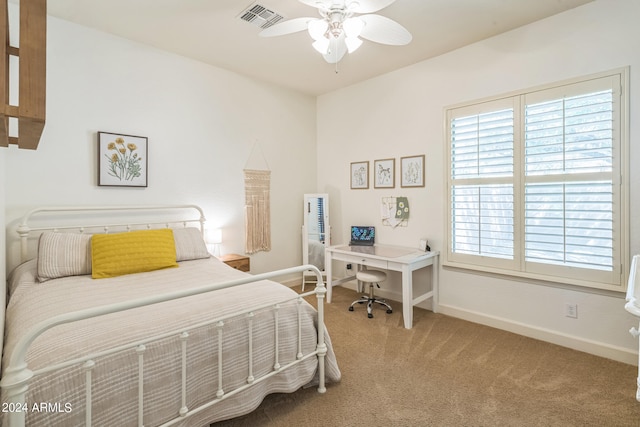 bedroom featuring multiple windows, carpet floors, and ceiling fan