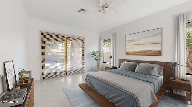 tiled bedroom featuring access to outside and ceiling fan