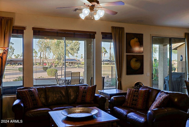 living room with ceiling fan