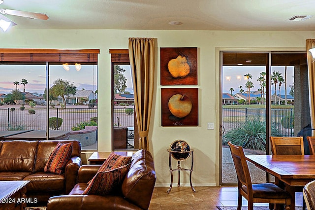 living room with ceiling fan