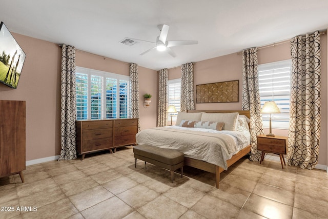 bedroom featuring ceiling fan, visible vents, and baseboards