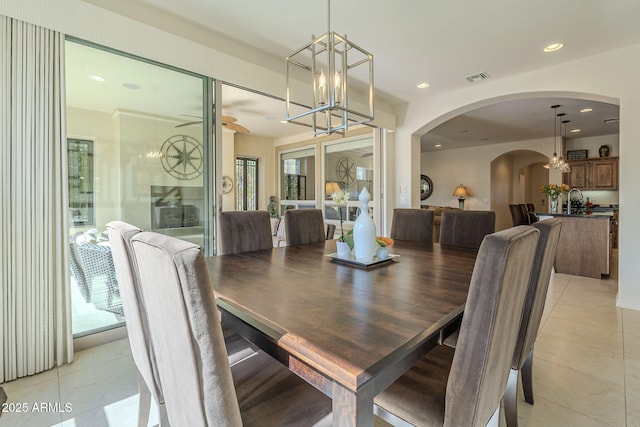 dining area with a ceiling fan, recessed lighting, visible vents, and light tile patterned flooring