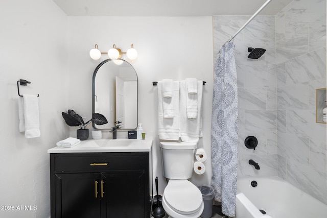 full bathroom featuring vanity, shower / tub combo, and toilet