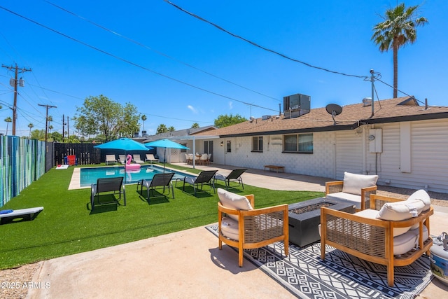 view of patio featuring a fenced in pool, an outdoor living space, and central air condition unit