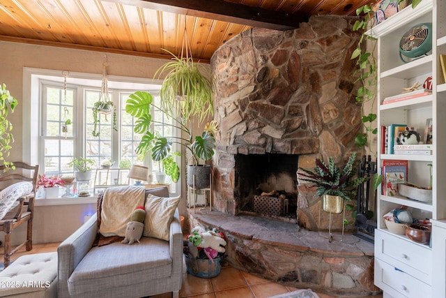 1712 E Montebello Ave, Phoenix, AZ 85016 - sitting room featuring wood ceiling, healthy amount of natural light, tile patterned flooring, a fireplace, and beamed ceiling