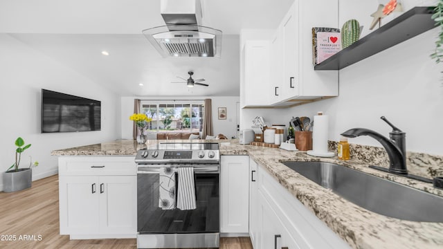 1717 W Roma Ave, Phoenix, AZ 85015 - kitchen with stainless steel electric range oven, island exhaust hood, a sink, a peninsula, and white cabinets