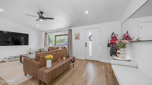 1717 W Roma Ave, Phoenix, AZ 85015 - living area featuring a ceiling fan, light wood-style floors, vaulted ceiling, recessed lighting, and baseboards