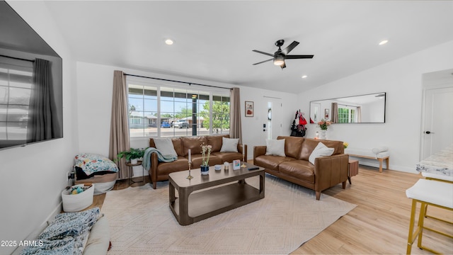 1717 W Roma Ave, Phoenix, AZ 85015 - living room featuring vaulted ceiling, wood finished floors, a ceiling fan, recessed lighting, and baseboards