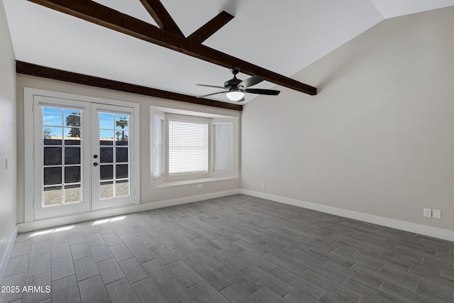 4165 E Huntington Dr, Phoenix, AZ 85040 - spare room with baseboards, a ceiling fan, dark wood-style floors, french doors, and vaulted ceiling with beams