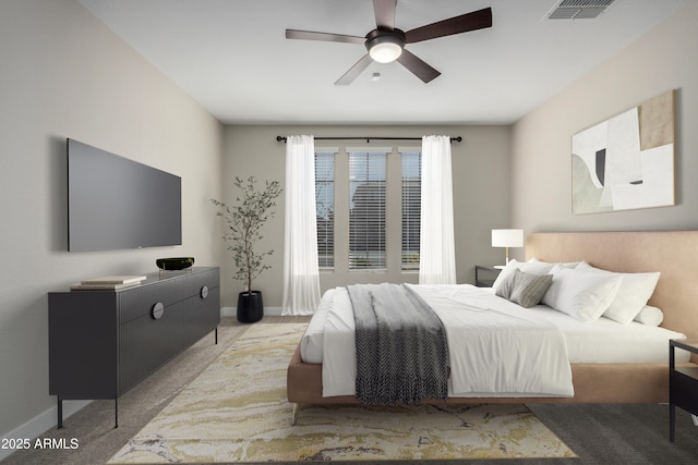 carpeted bedroom featuring ceiling fan