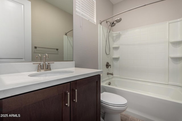 full bathroom featuring shower / washtub combination, toilet, and vanity