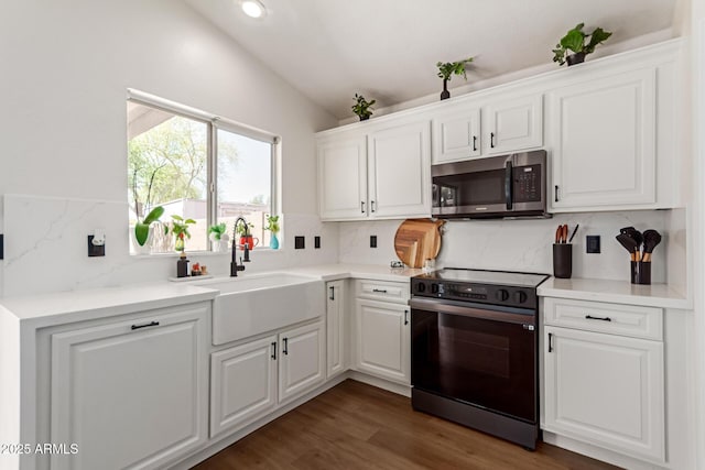 kitchen featuring stainless steel microwave, lofted ceiling, black electric range oven, decorative backsplash, and a sink